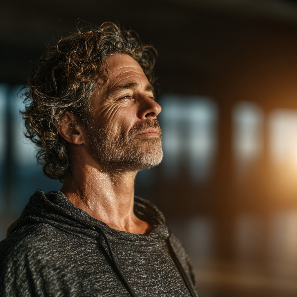 A man in his early 50s performing a gentle yoga stretch in a bright modern studio, wearing comfortable loose clothing, focused expression, wooden floor and large windows visible in background, morning light creating warm atmosphere